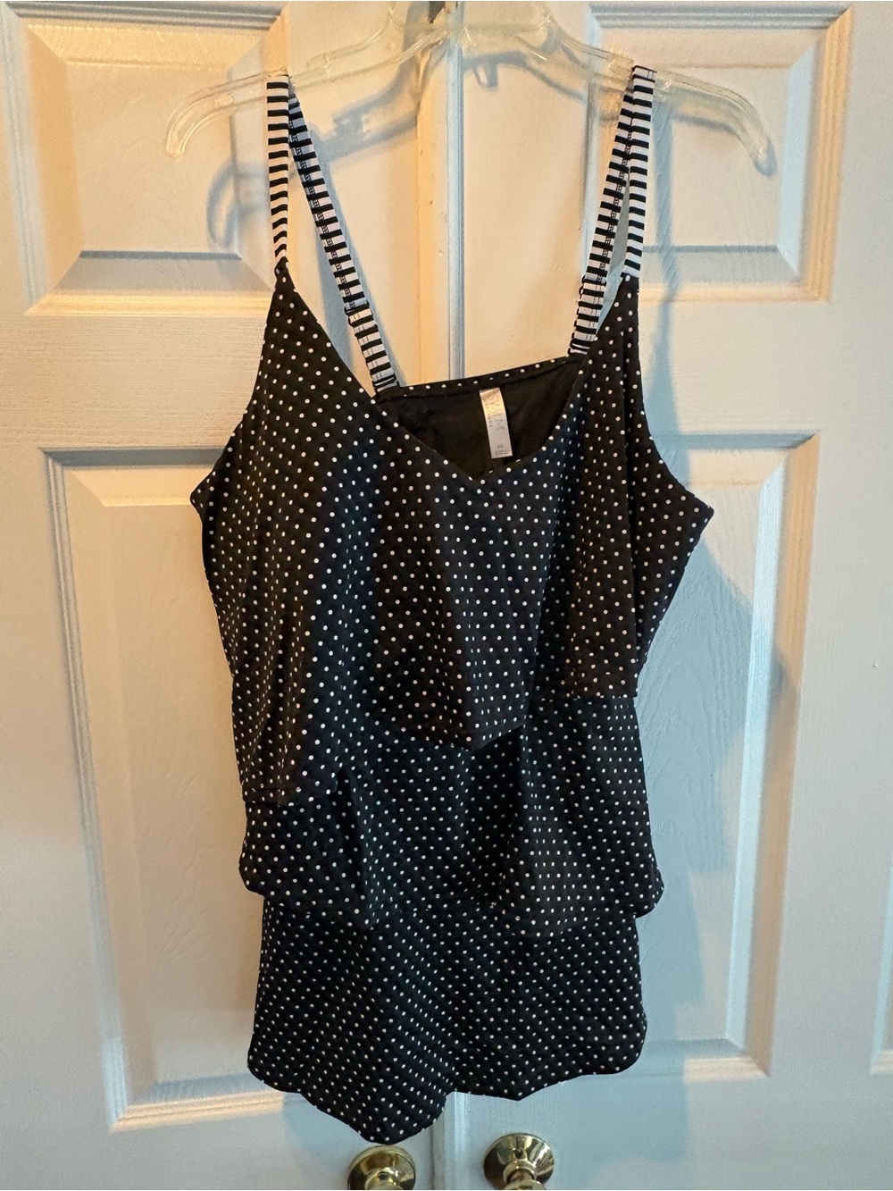 Lane Bryant Black Polka Dot Swim Camisole with Striped Straps